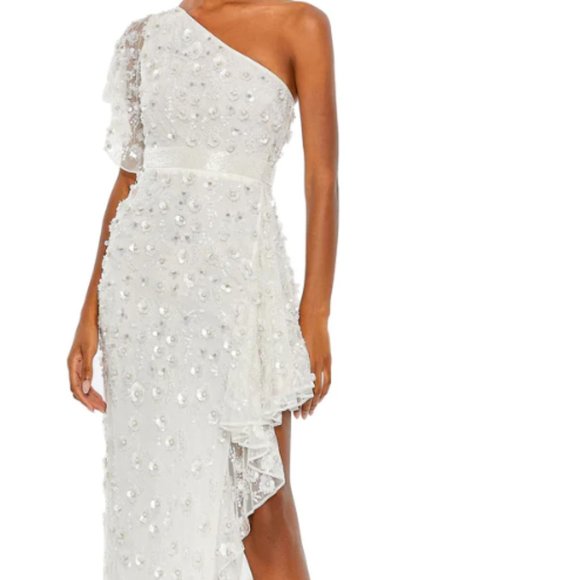 MAC DUGGAL 93687 ONE SHOULDER ASYMMETRICAL RUFFLE WHITE GOWN sz 16 - Picture 1 of 6